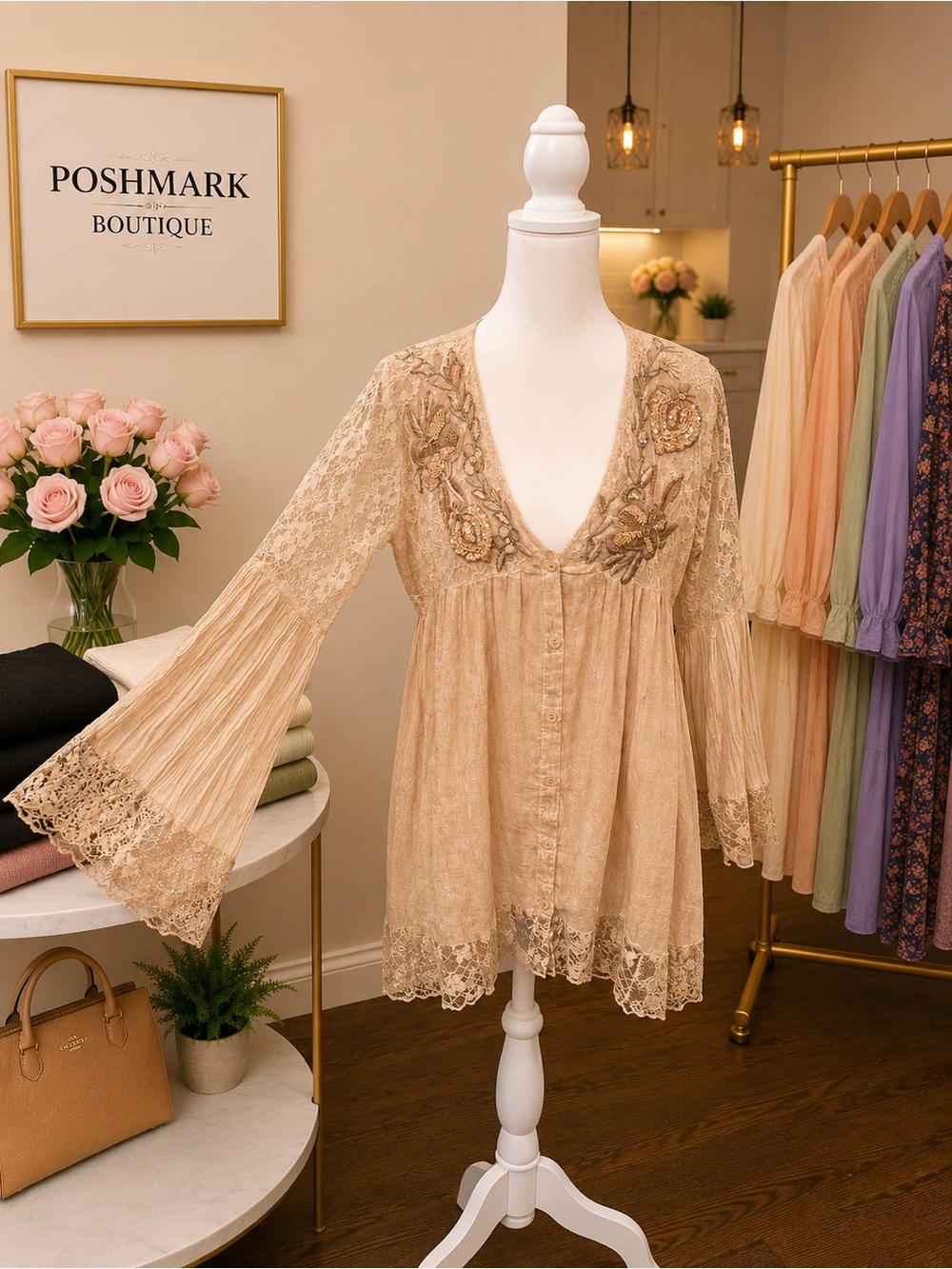 Treasures Clothing Co Gypsy Tunic One Size NWT Beaded Lace Boho Bell Sleeve
